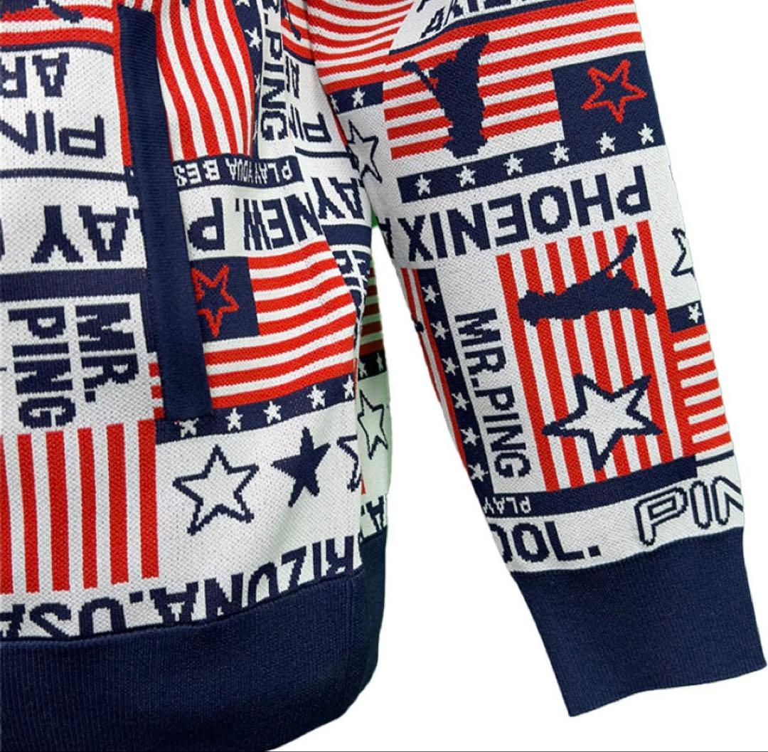 S ☆新品　ピン　三色旗柄ジャガード ニットフーディプルオーバー　レディース　赤