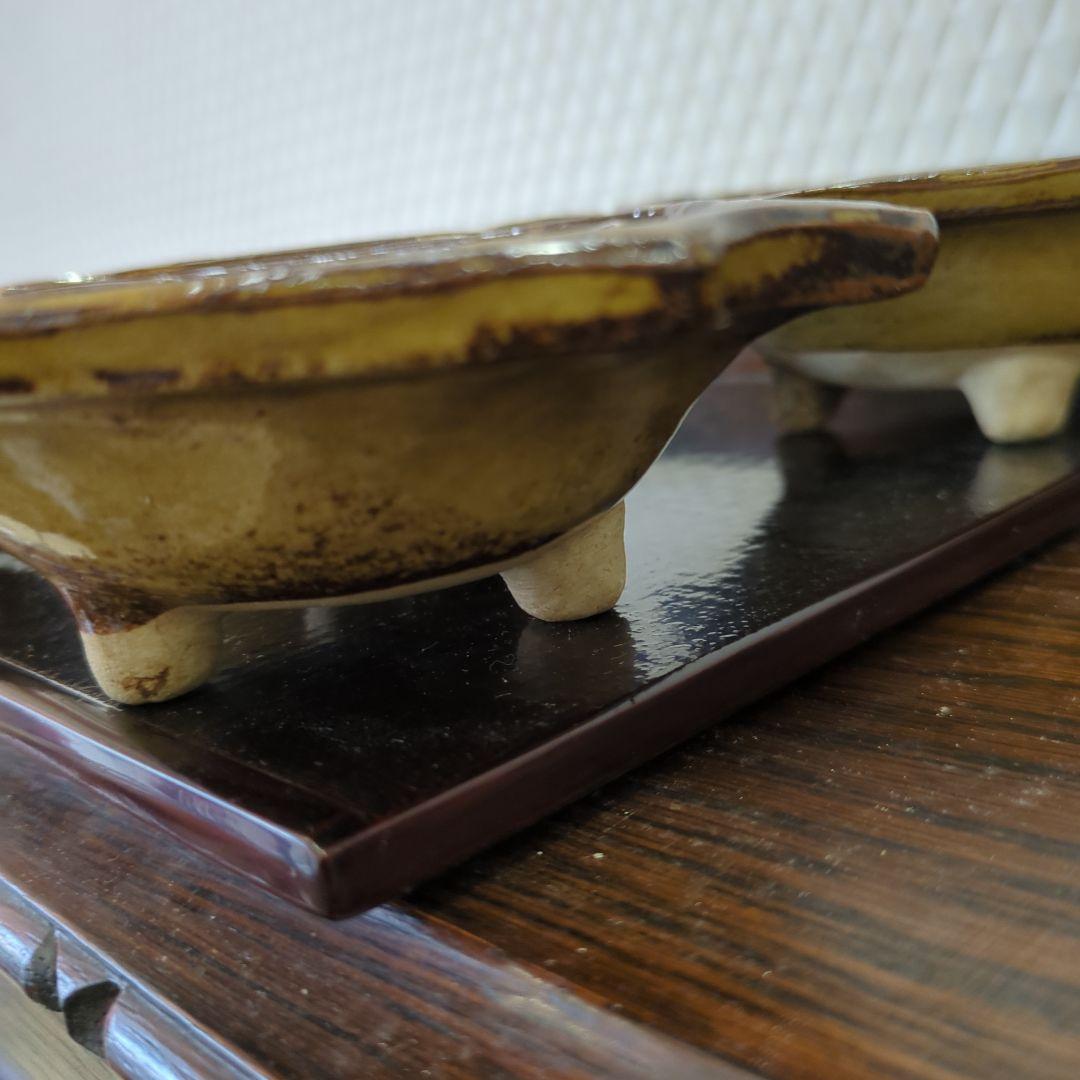 骨董　向付　黄瀬戸　変形皿　脚付き　在銘　懐石膳　会席　5つ