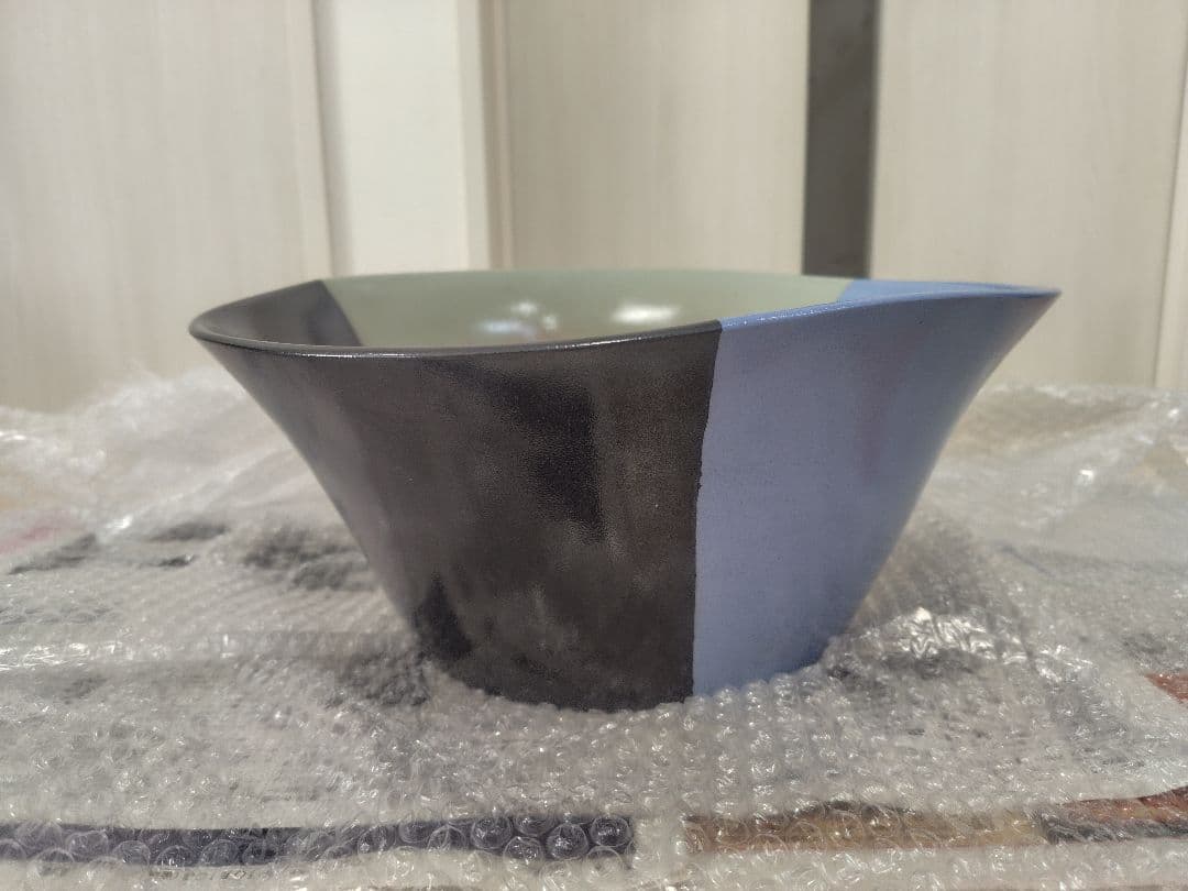 ■新品■伊藤雄志練り込み陶器花器黒ダークブラウン青ブルーグレー鉢カバー常滑焼