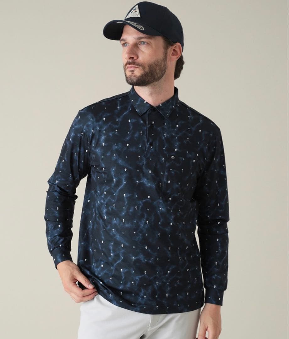 【TravisMathew】新品　プリント長袖ポロ　ゴルフ　メンズＸＬ　ネイビー