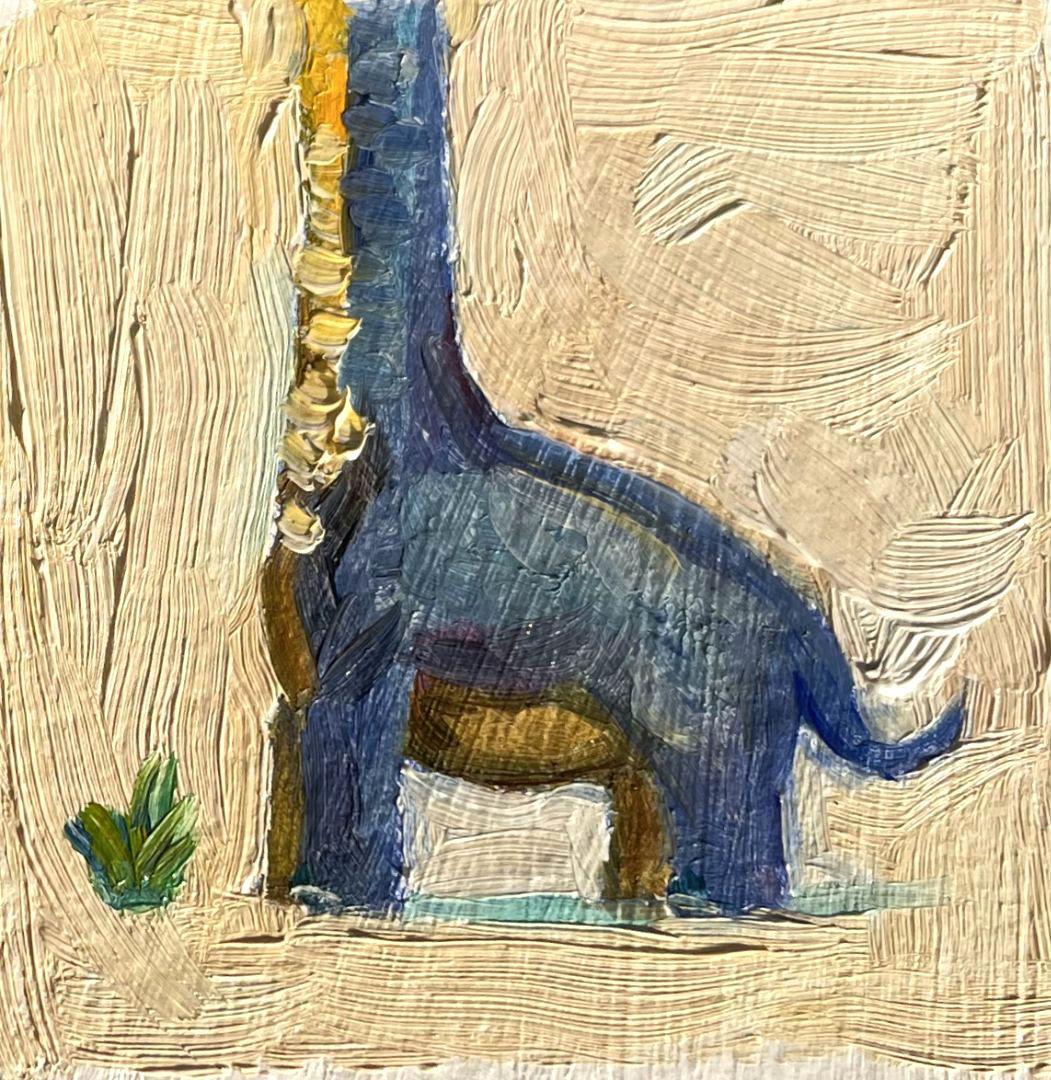 「おしゃれなブラキオサウルス」２点セット　油絵具　ミニ絵画　原画　手描き　恐竜