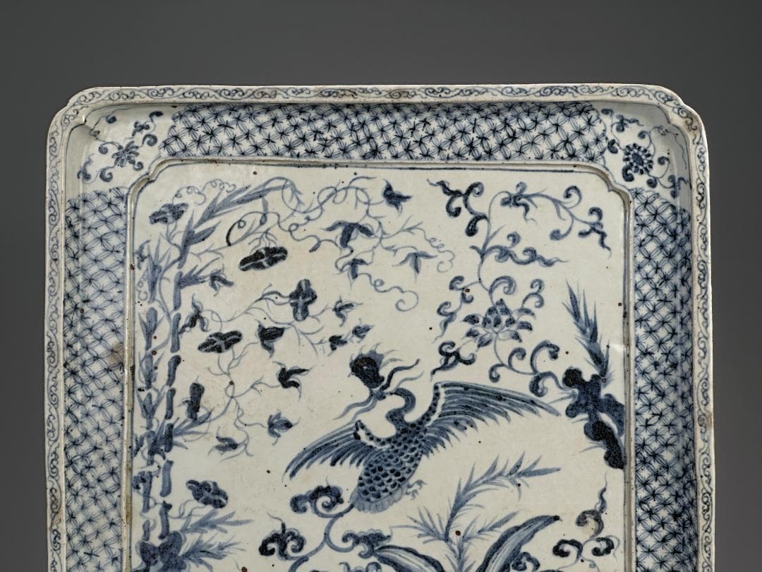 3.3-1中国美術　古越国　安南　青花鳳凰文四方盤　染付皿　時代皿　古物　唐物